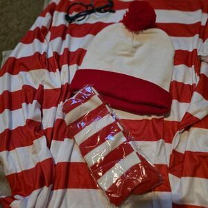 Where's Waldo Complete Outfit Costume Hat, Socks, Hat, Glasses Unisex